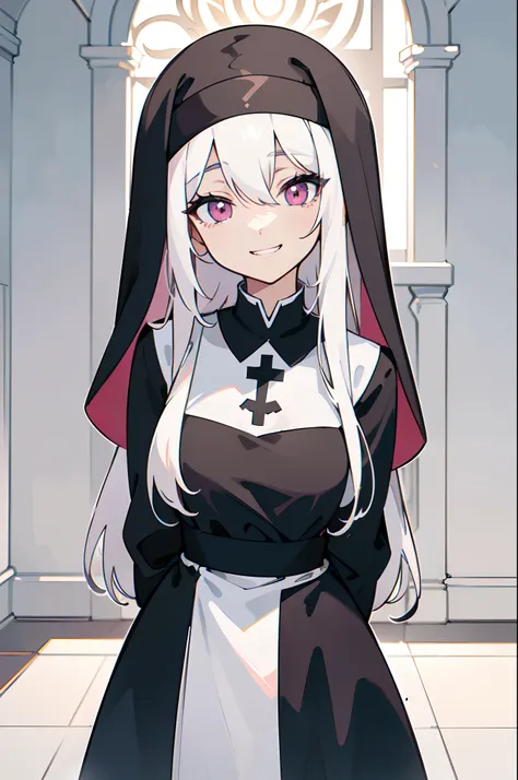 1girl, solo, (Appearance:, pure white hair:1.3, pink eyes, medium breasts, young girl, long hair, hair between eyes, wearing black nun clothes, nun), (Actions:, standing, looking at viewer, smiling, arms behind back, grin:1.2), (Scenery:, winter, royal pal...