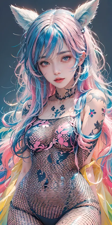 photorealistic, high resolution, soft light,1women, solo, hips up, shining skin, (detailed face),tattoo, jewelry, (rainbow color Hair,colorful hair,half blue and half pink hair:1.2), animal ears, lace bodysuit