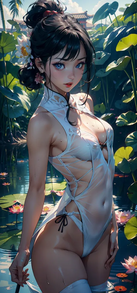 1female，for 6 years old，bit girl，Small loli，smallunderboob，Raised sexy，Pornographic exposure， 独奏，（Background with：Surrounded by lotus flowers，bamboo forrest，Lotus pond，lotuses，lotus flower，china rose，rosette，chrysanthemums） She has short black hair，standin...