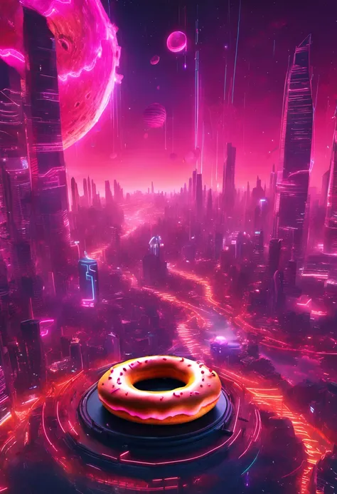 "Immersed in a cyberpunk-inspired, neon-drenched world, captivated by the surreal sight of a donut-shaped planet dominating the sky, filled with mesmerizing digital artistry."