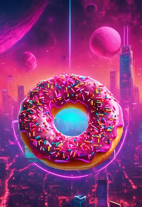 "Immersed in a cyberpunk-inspired, neon-drenched world, captivated by the surreal sight of a donut-shaped planet dominating the sky, filled with mesmerizing digital artistry."