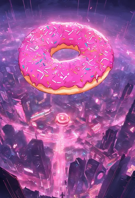 "Immersed in a cyberpunk-inspired, neon-drenched world, captivated by the surreal sight of a donut-shaped planet dominating the sky, filled with mesmerizing digital artistry."