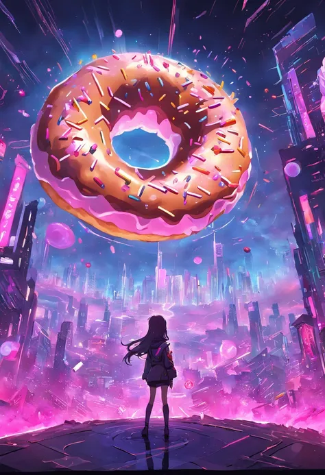 "Immersed in a cyberpunk-inspired, neon-drenched world, captivated by the surreal sight of a donut-shaped planet dominating the sky, filled with mesmerizing digital artistry."