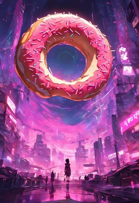 "Immersed in a cyberpunk-inspired, neon-drenched world, captivated by the surreal sight of a donut-shaped planet dominating the sky, filled with mesmerizing digital artistry."