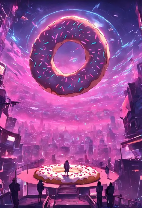 "Immersed in a cyberpunk-inspired, neon-drenched world, captivated by the surreal sight of a donut-shaped planet dominating the sky, filled with mesmerizing digital artistry."