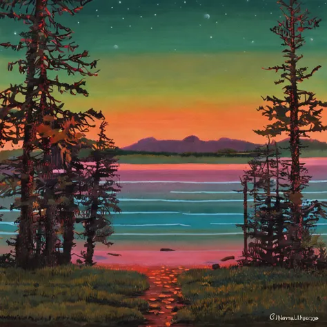 Pa painting of a sunset over a lake, uma pintura de arte de Yvonne Jacquette, deviantart, Pintura de cena americana, Non-Instagram art, pintura detalhada, oil on the canvas