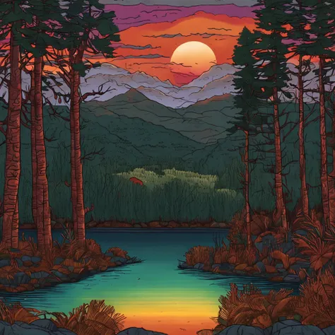 Pa painting of a sunset over a lake, uma pintura de arte de Yvonne Jacquette, deviantart, Pintura de cena americana, Non-Instagram art, pintura detalhada, oil on the canvas