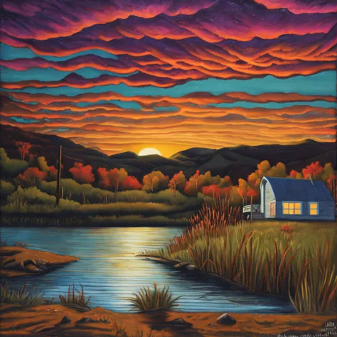 Pa painting of a sunset over a lake, uma pintura de arte de Yvonne Jacquette, deviantart, Pintura de cena americana, Non-Instagram art, pintura detalhada, oil on the canvas