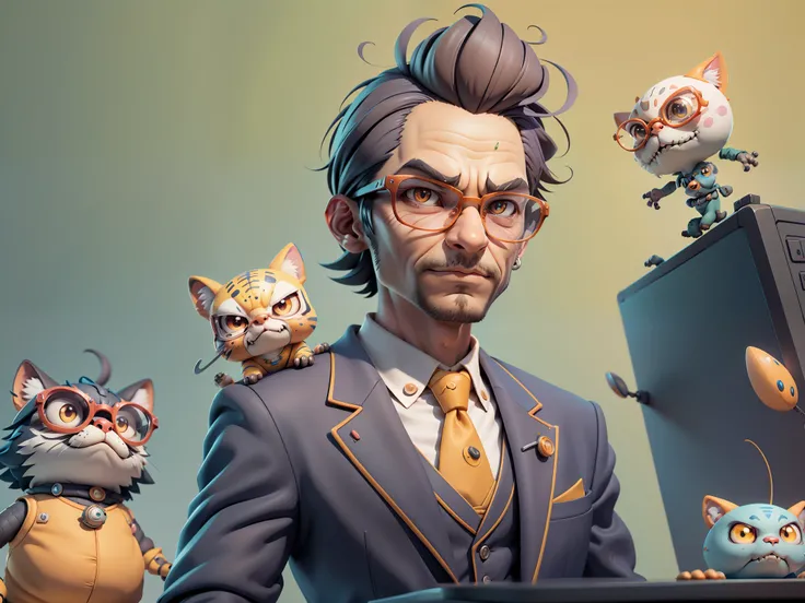 A young man in a suit, Short hair and glasses sat at his desk，holding laptop，digitial painting，tigre，3D character design by Mark Clairen and Pixar and Hayao Miyazaki and Akira Toriyama，4K HD illustration，Very detailed facial features and cartoon-style visu...