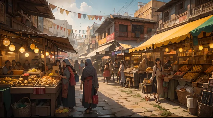 "(by Greg Rutkowski: 1.2), (ultra-detailed CG unity 8k wallpaper, masterpiece, best quality, depth of field, HDR, intricate), from Greg Rutkowski, Stunning and vibrant image of a bustling bazaar. Showcasing a variety of colorful stalls, lively characters, ...