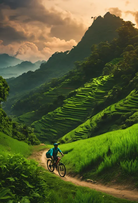 a man riding a mountain bike on top of a lush green hillside next to a lush green valley filled with trees; sumatraism, a matte painting, Cui Bai, mountains 8K