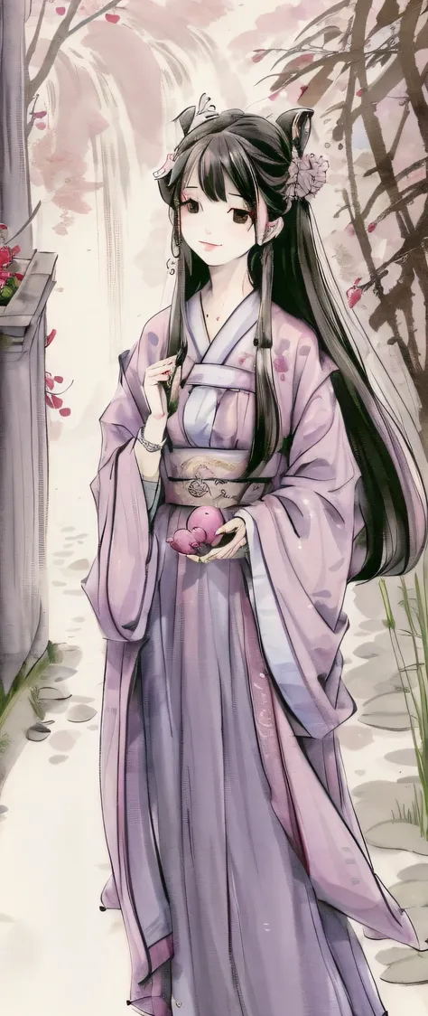 ((4k, masterpiece, best quality)), shuimobysim, traditional Chinese ink painting, lotus, hanfu, maxiskit, conservative dress 1girl, solo, long lilac hair, smile, standing, waterfall background, cherry trees.