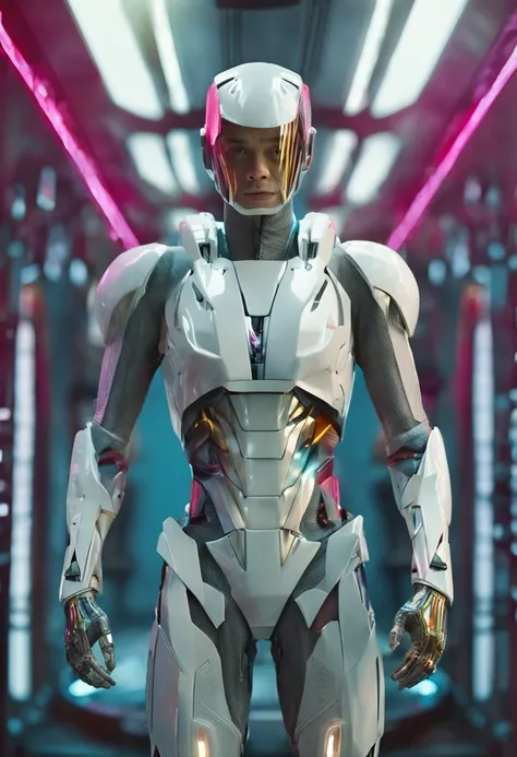 Um close up de um homem em um terno futurista com um sci - fio, Elle Fanning como um androide, Retrato de um androide masculino, filme ainda de um ciborgue legal, filme ainda de um ciborgue, sci-fi android masculino, Biblical Male Android, androide masculi...