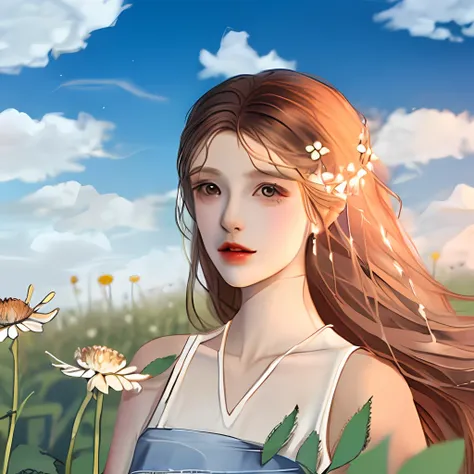 Chamomile field blue sky beautiful girl