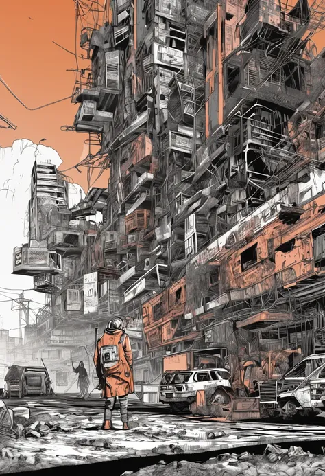 Create a cyber punk scenario with a character telling some story in an apocalyptic setting. Essa imagem deve ser um desenho, com o branco sendo a cor mais presente.