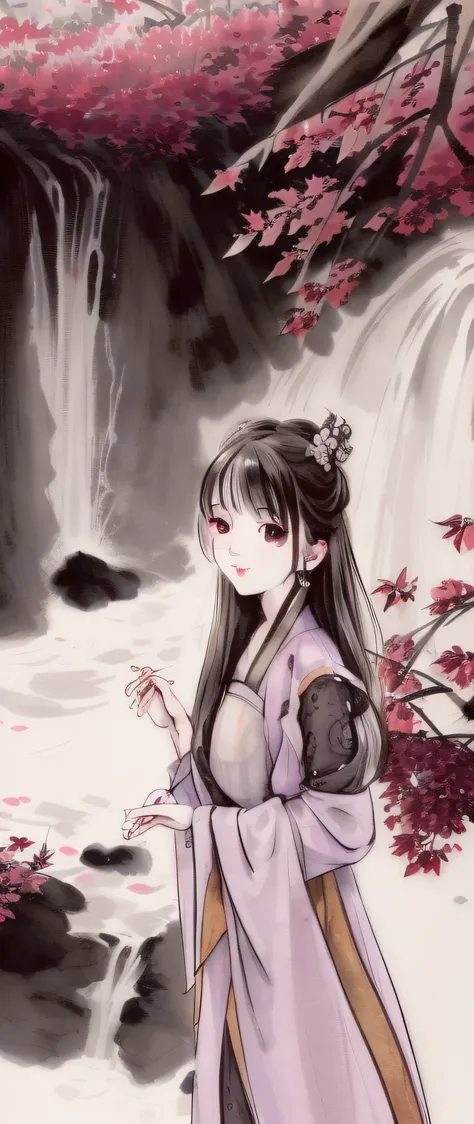 ((4k, masterpiece, best quality)), shuimobysim, traditional Chinese ink painting, lotus, hanfu, maxiskit, conservative dress 1girl, solo, long lilac hair, smile, standing, waterfall background, cherry trees.