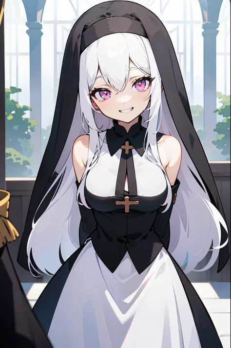 1girl, solo, (Appearance:, pure white hair:1.3, pink eyes, medium breasts, young girl, long hair, hair between eyes, wearing black nun clothes, nun), (Actions:, standing, looking at viewer, smiling, arms behind back, grin:1.2), (Scenery:, winter, royal pal...