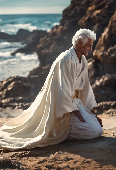 homem com olhos de fogo, Very shiny feet with white hair and white robes covering the body and with a golden belt