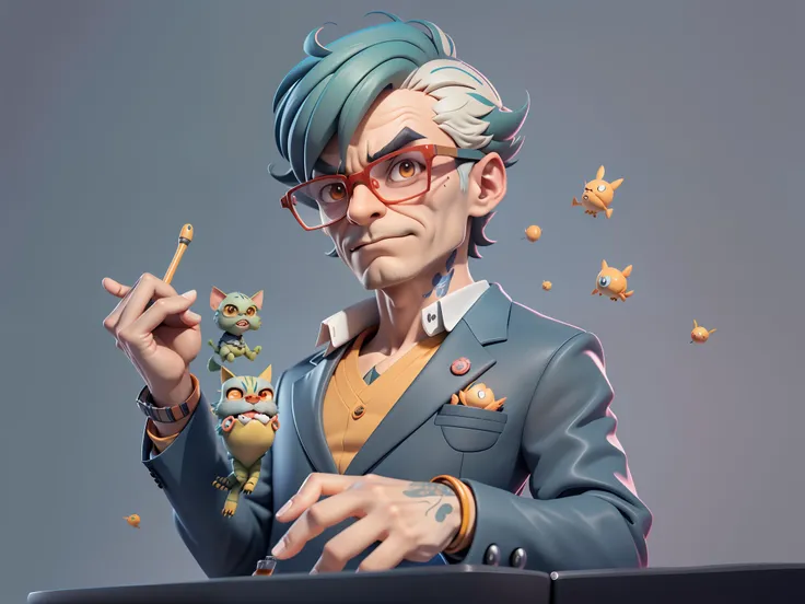 A young man in a suit, Short hair and glasses sat at his desk，holding laptop，digitial painting，tigre，3D character design by Mark Clairen and Pixar and Hayao Miyazaki and Akira Toriyama，4K HD illustration，Very detailed facial features and cartoon-style visu...