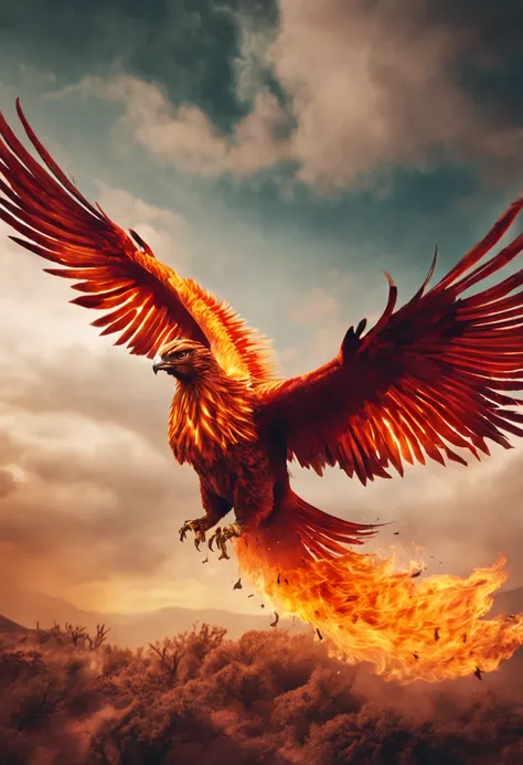 Develop an image that contains the image of a phoenix with its wings spread, flying over a burning forest area, as a symbol of wildfire operations.