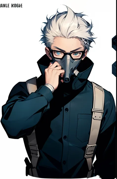 1boy, white hair, blue eye, wears glasses, student uniform, prosthetic arm, gas mask, Game art design sheet, Ink drawing line art,