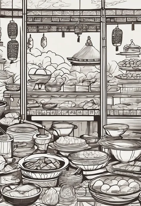 Ancient workshops，Sketch line drawing，Ancient Chinese pastry making