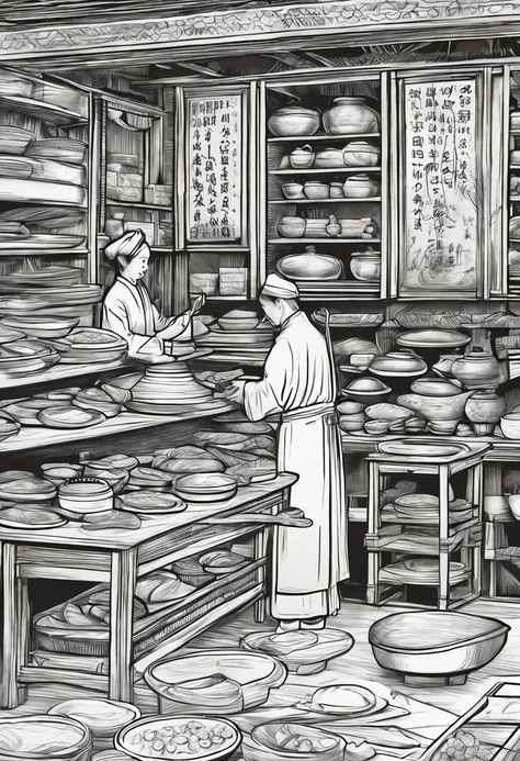 Ancient workshops，Sketch line drawing，Ancient Chinese pastry making