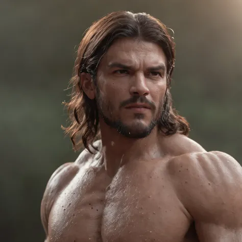 (Professional 3D rendering:1.3) de (Realistic:1.3) Foto de arte mais bonita do mundo，Features soft, bright male heroes, ((Epic hero fantasy rough muscular man wet hero angry look long hair short beard and fierce expression in dynamic pose, fantastic locati...