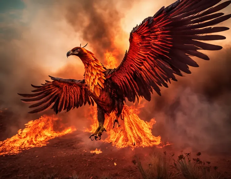 Develop an image that contains the image of a phoenix with its wings spread, flying over a burning forest area, as a symbol of wildfire operations.