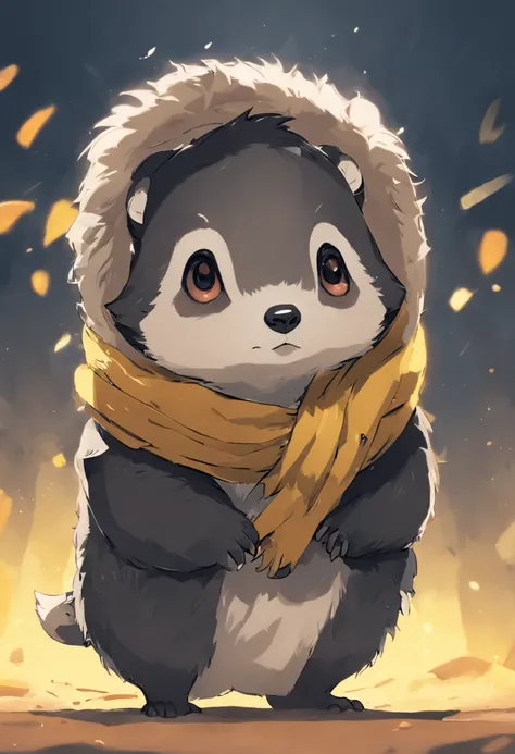 Draw a baby badger with a Hufflepuff scarf tied around its neck and a Selector hat balanced on its head. Hes looking at the viewer with curious eyes and a shy little smile.