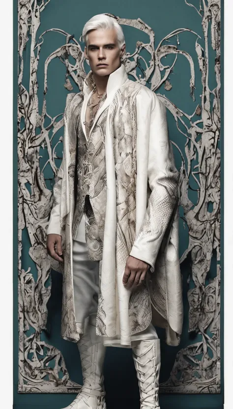 Young man with white hair，Manteau blanc，White boots，White python pattern robe，Premium texture