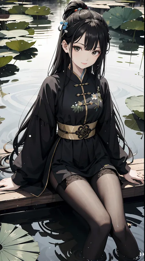 hoang lap，8K high resolution，ultra - detailed，（1girll：1.3），handpainted，Simple lines，16-year-old girl wearing black Chinese clothing，beuaty girl，In the lotus pond，tmasterpiece，Sit on a plank floating in the water，Floating hair，black pantyhoses，black pantyho...