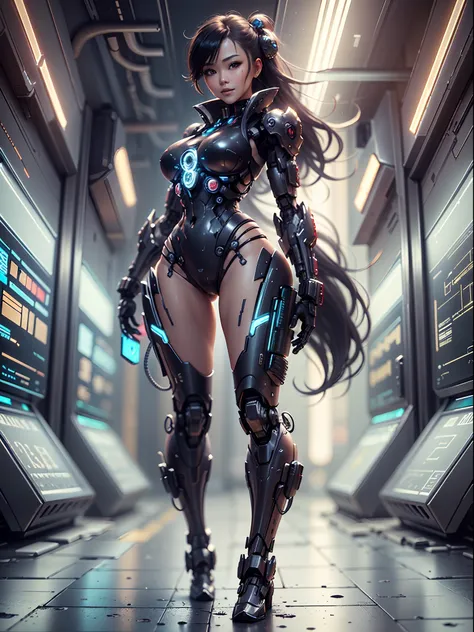 mecha combined with flesh sexy asian woman, cyberpunk, full body, standing, hairstyle long hair, smile, cute face. intricate and...