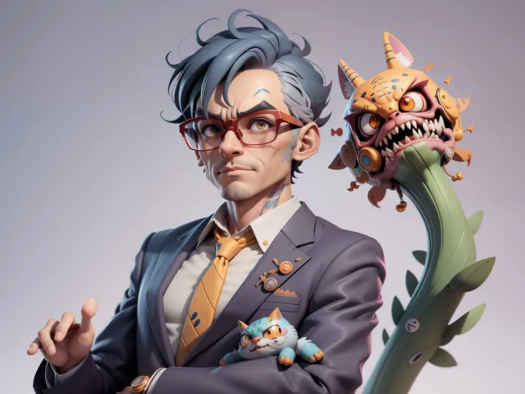 A young man in a suit, Short hair and glasses sat at his desk，holding laptop，digitial painting，tigre，3D character design by Mark Clairen and Pixar and Hayao Miyazaki and Akira Toriyama，4K HD illustration，Very detailed facial features and cartoon-style visu...