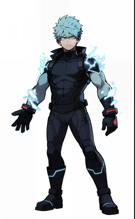 My Hero Academia style, anime boy, male, young male, trending on artstation pixiv, (full body shot:0.5), Blue fire skin, fire skin, blue skin, blue flaming face, white eyes, flaming face, blue flames, hero suit, full body suit, sleeveless black suit, Black...