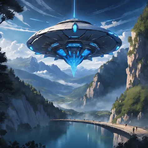 Cutting-edge technology, Breathtaking, insanely details, Futuristic mothership, Otherworldly UFOs, saunt, The blue hour of the evening, rugged, peak, Advanced rendering techniques, Hyper-realistic, Smooth metal surface, Pulsating light, Picturesque view, C...