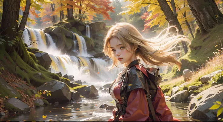 fall season，full bodyesbian, standing on your feet，long  skirt，Portrait of cute blonde girl, Standing in the woods of the forest，There is a stream， (((looks away))), In the distance, The mountains are full of red maple，Red Maple， orange fog, Exercise, floa...