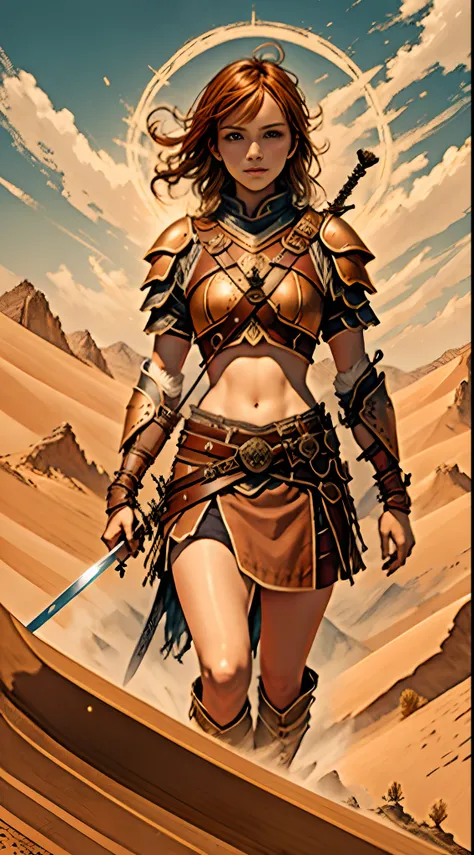 high-level image quality、Camera image quality、Masterpiece、1womanl、A warrior、Brown hair short、With a short sword、A desert、Fine scratches on the body、Leather armor、