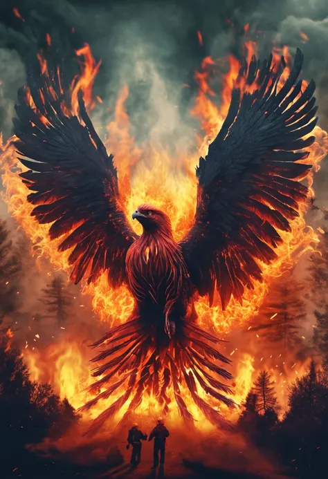 Develop an image with the representation of a phoenix flying over a burning forest, portraying firefighting actions