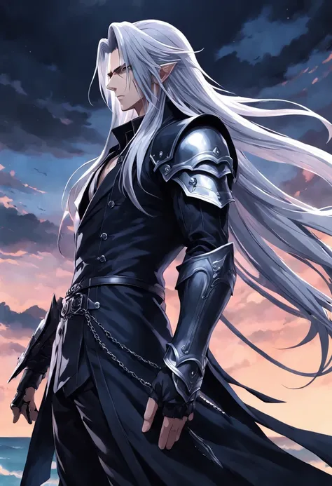 An incredibly detailed illustration of Sephiroth from Final Fantasy with his black outfit looking out over the horizon, corpo inteiro, incredible details, sombras perfeitas, Dynamic background, estilo de desenho hiper-realista.