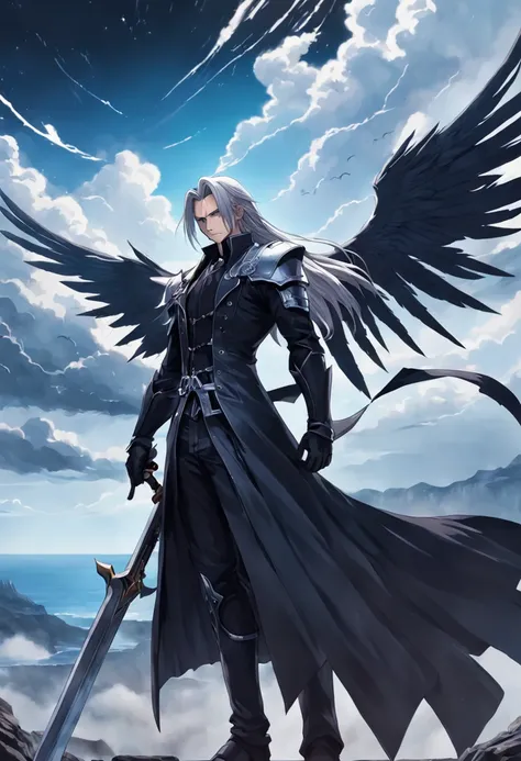 An incredibly detailed illustration of Sephiroth from Final Fantasy with his black outfit looking out over the horizon, corpo inteiro, incredible details, sombras perfeitas, Dynamic background, estilo de desenho hiper-realista.