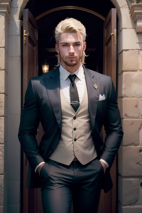 tiro completo,(simetria),Centrado,a brutal real man blonde athletic construction, against the backdrop of a medieval castle and a Ferrari car in front of the front door,um homem branco muito magro com cabelo curto,wearing a classic three-piece suit,35 mm,p...