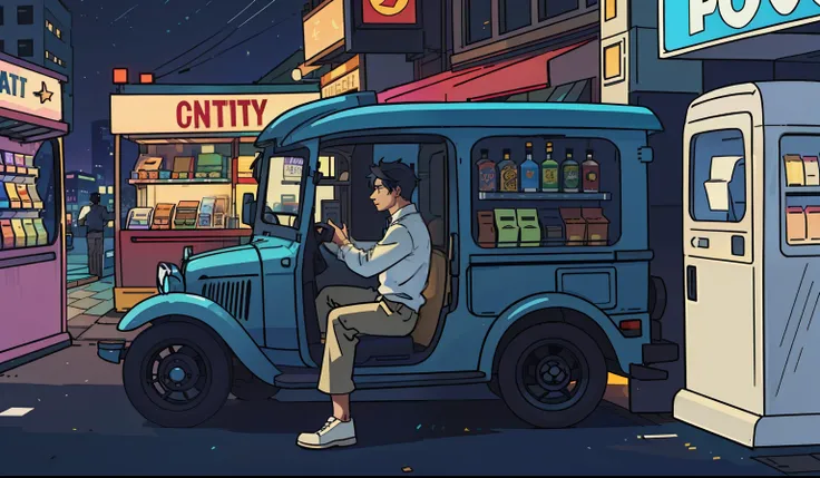 20s male, city background, vending machine, car, night, 80s,
(Best Quality: 0.8), (Best Quality: 0.8), Perfect Anime Illustration, Dark Unclear Face, Glowing Eyes