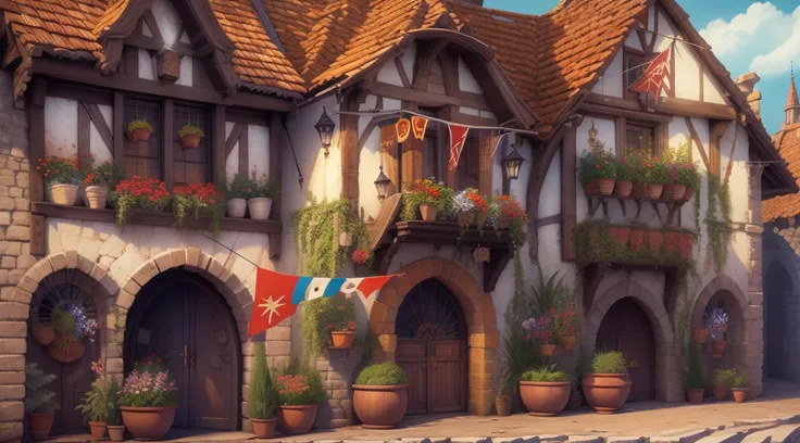 a closeup of a street with a building and a bunch of flags, a bustling magical town, Cidade da fantasia de Medeival, fantasy town setting, Whiterun no estilo da Pixar, beautiful render of a fairytale, cidade da fantasia, Cidade medieval, global ilumination...