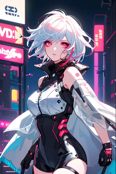 lucy_cyberpunk, cowboy shot, 1 sweet girl,with short white hair, bangs, large breasts,((red eyeliner)), ((makeup)), white coat, ...