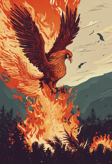 Develop an image with the representation of a phoenix flying over a burning forest, portraying firefighting actions OF THE MILITARY FIREFIGHTERS