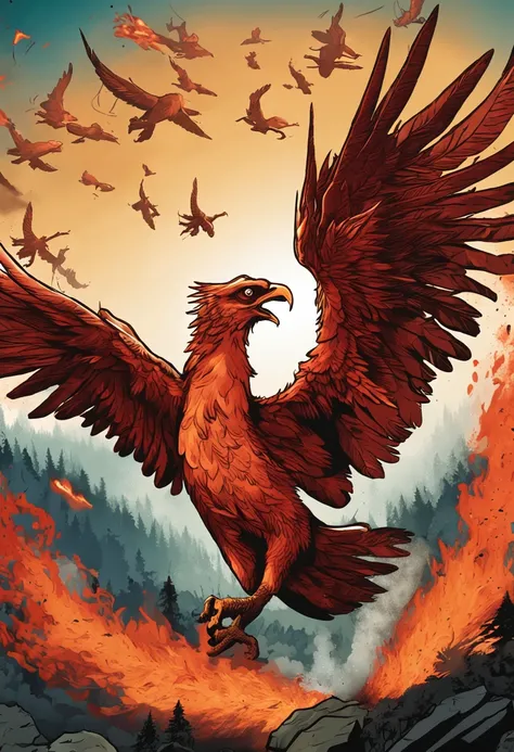 Develop an image with the representation of a phoenix flying over a burning forest, portraying firefighting actions OF THE MILITARY FIREFIGHTERS