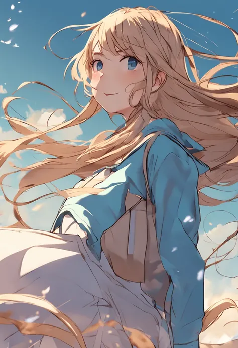 anime girl, blond hair, wearing simple light blue casual dress, long hair blowing in wind, girl looking up at big passenger plane flying close above her