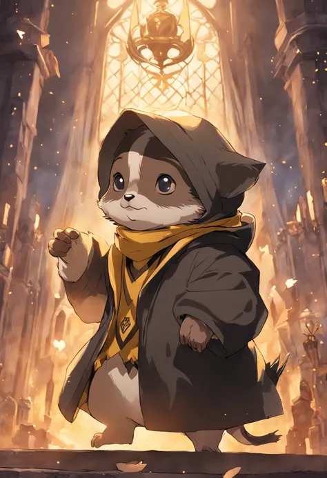 Transport yourself to the magical world with a magical image of a baby badger proudly wearing an elegant Hufflepuff scarf and with the legendary Sorting Hat leaning over one eye., enquanto explora a Sala Precisa em Hogwarts.