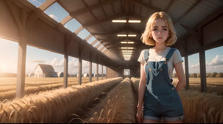 gorgeous woman ("kiernan shipka"), shinny skin, in a wheat field farm, barn in background, looking away, overalls, warm light, ray tracing, backlighting, UHD, anatomically correct, textured skin, super detail, award winning, masterpiece, 8k, best quality